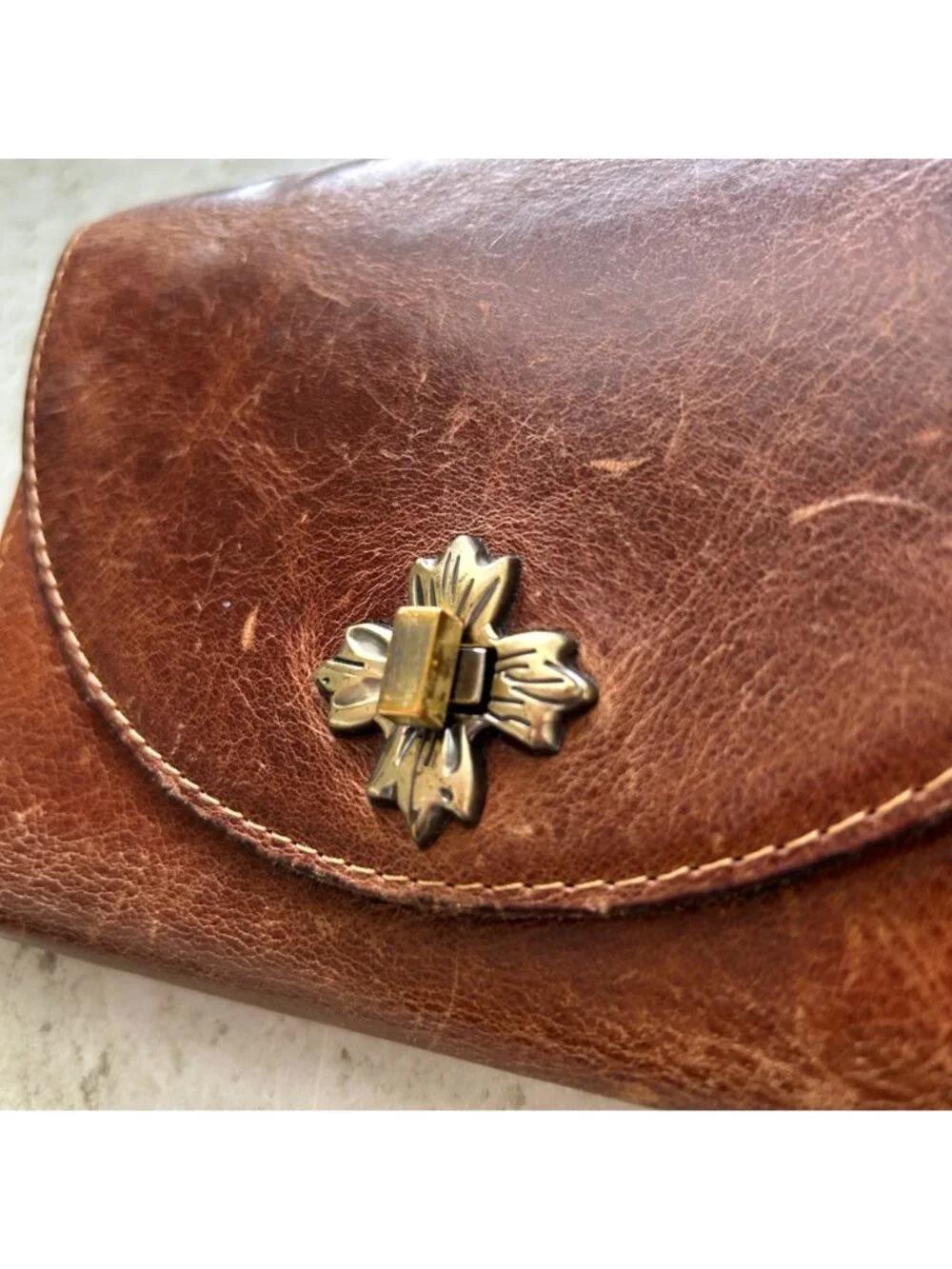 Vintage Patricia Nash Women's Brown Leather Wallet With Floral Metal Clasp